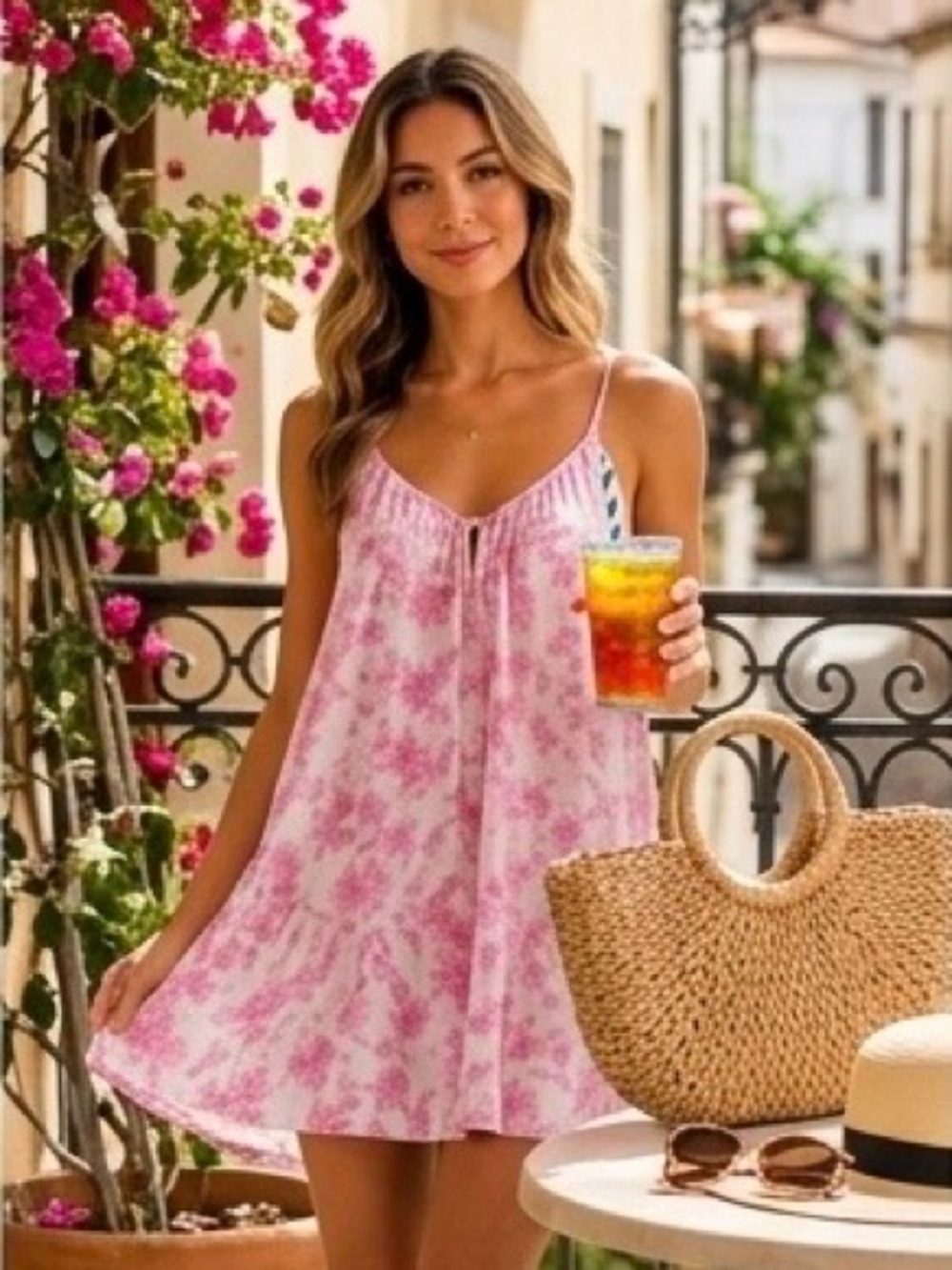 wild fable Pink Babydoll Tie-Front Floral Dress with Pockets